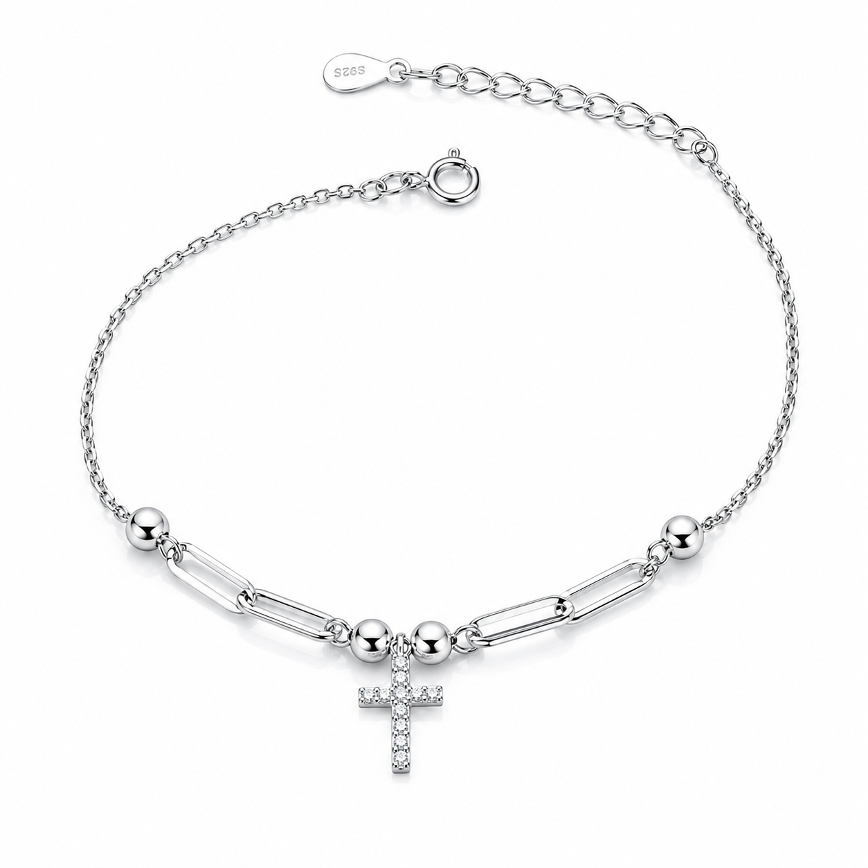 Brățară din Argint 925 Rodiat cu Cruce și Zirconii – Elegantă, Reglabilă 16+3 cm – Infinity Bijoux. BD438