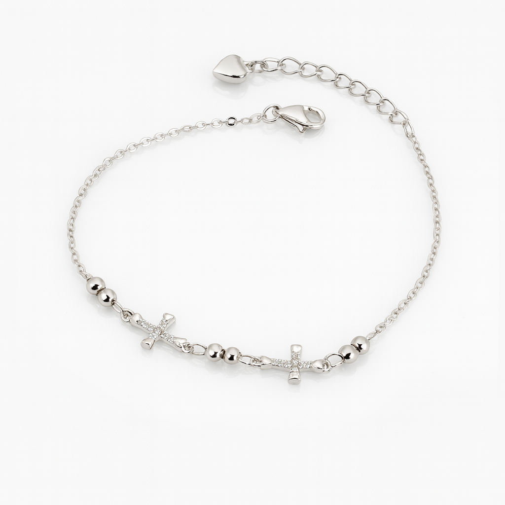 Brățară din argint 925 cu cruci și biluțe decorative, finisaj rodiat și design strălucitor, lungime ajustabilă 17+3 cm, fotografiată pe fundal alb pentru e-commerce.
