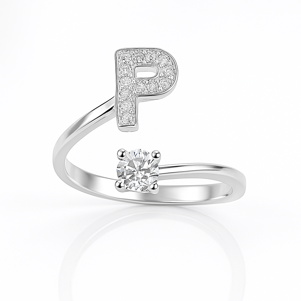 Inel reglabil din argint cu inițială – bijuterie elegantă personalizată din argint 925, mărime universală, cutie cadou inclusă. ID10