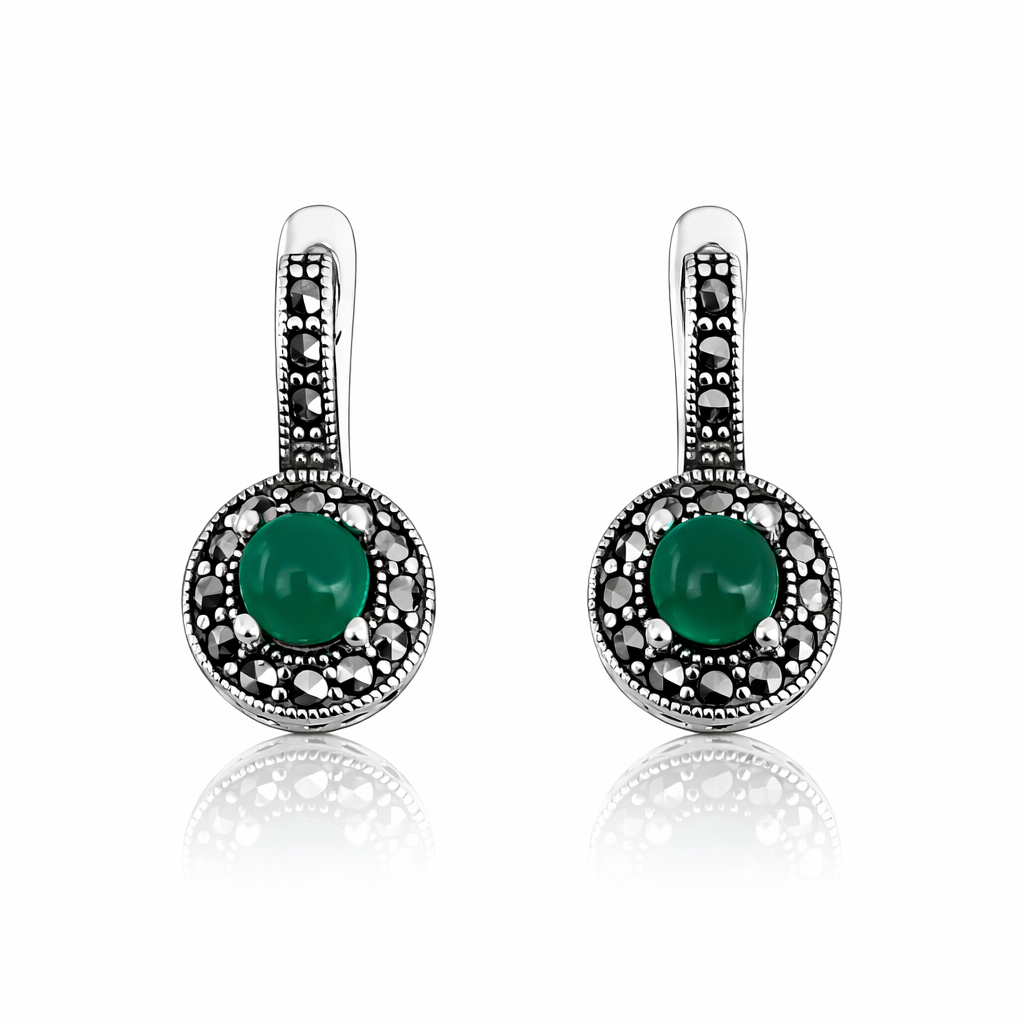 Cercei Argint 925 cu Agat Verde și Marcasite – Eleganță Vintage, Tortiță Englezească. CD570