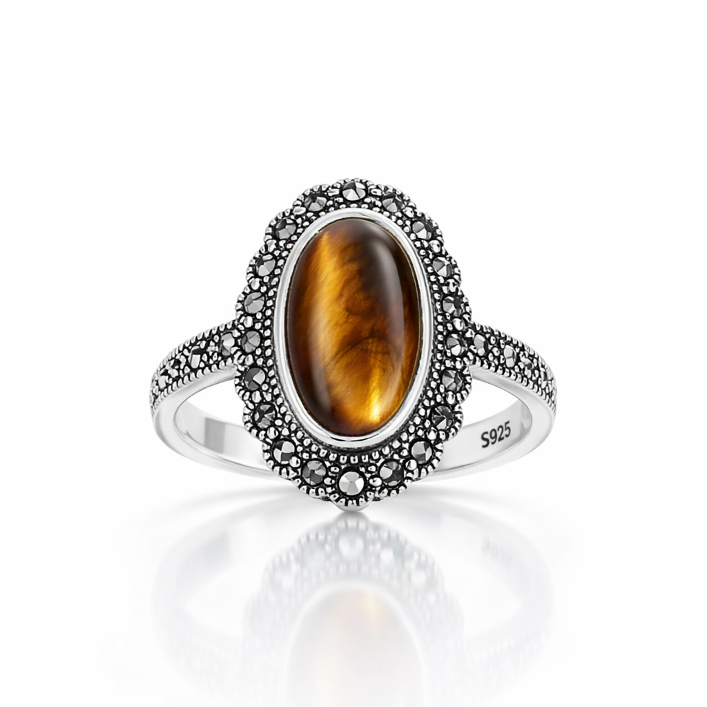 Inel Argint 925 cu Ochi de Tigru Natural și Marcasite | Design Vintage Elegant. ID503