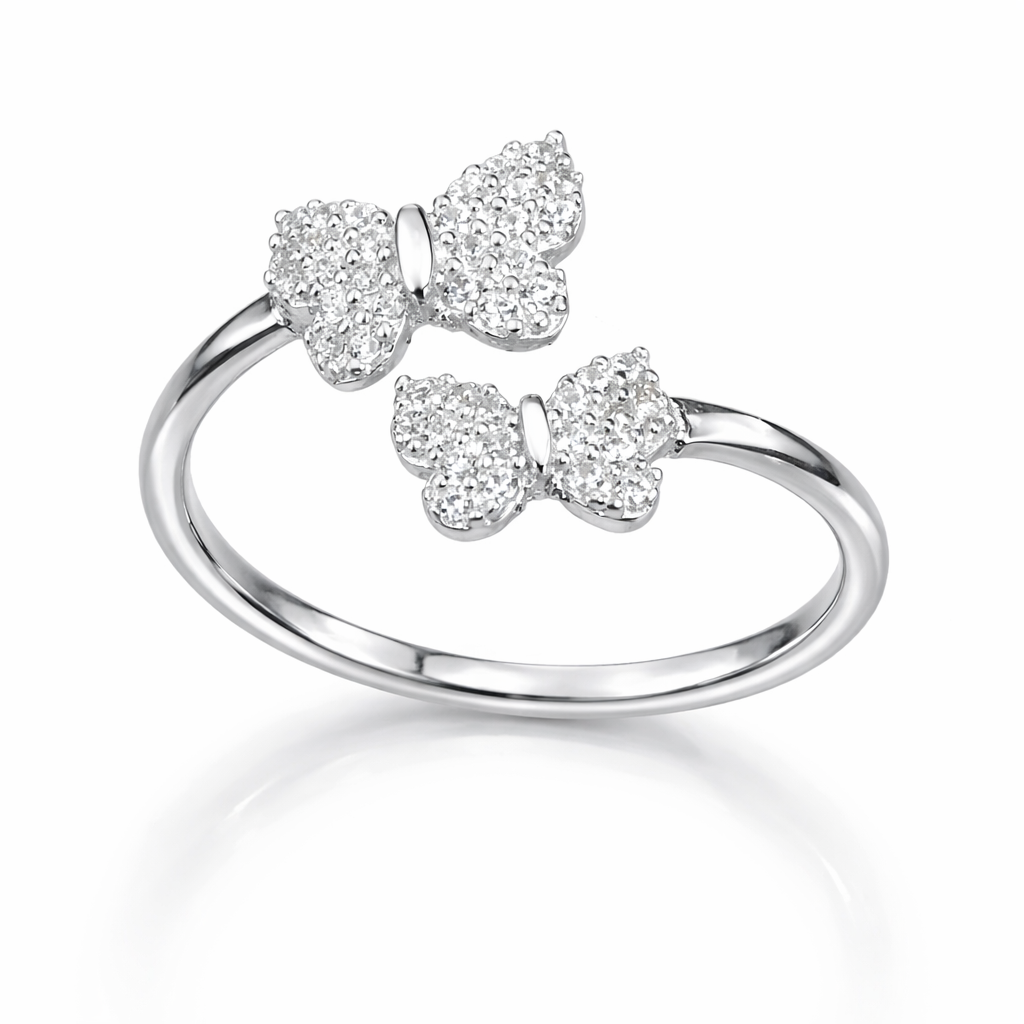 Inel Reglabil Argint 925 cu Fluturi Dubli și Zirconii Strălucitoare – Design Elegant și Delicat. ID160