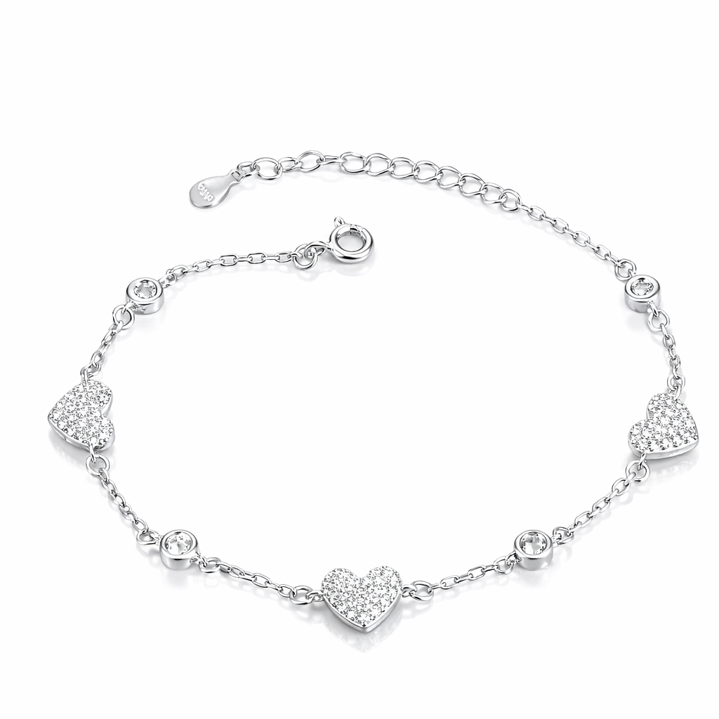 Brățară Argint 925 Rodiat „Trinity Hearts” – Eleganță Strălucitoare cu Inimi Pavé. BD395