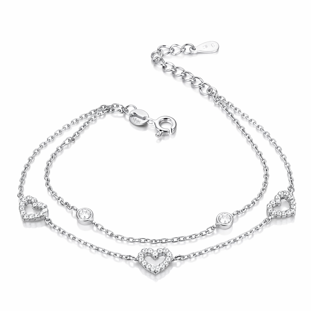Brățară Argint 925 Rodiat cu Inimioare și Cristale Zirconia, Fir Dublu Elegant, Lungime Reglabilă 17+3 cm. BD397