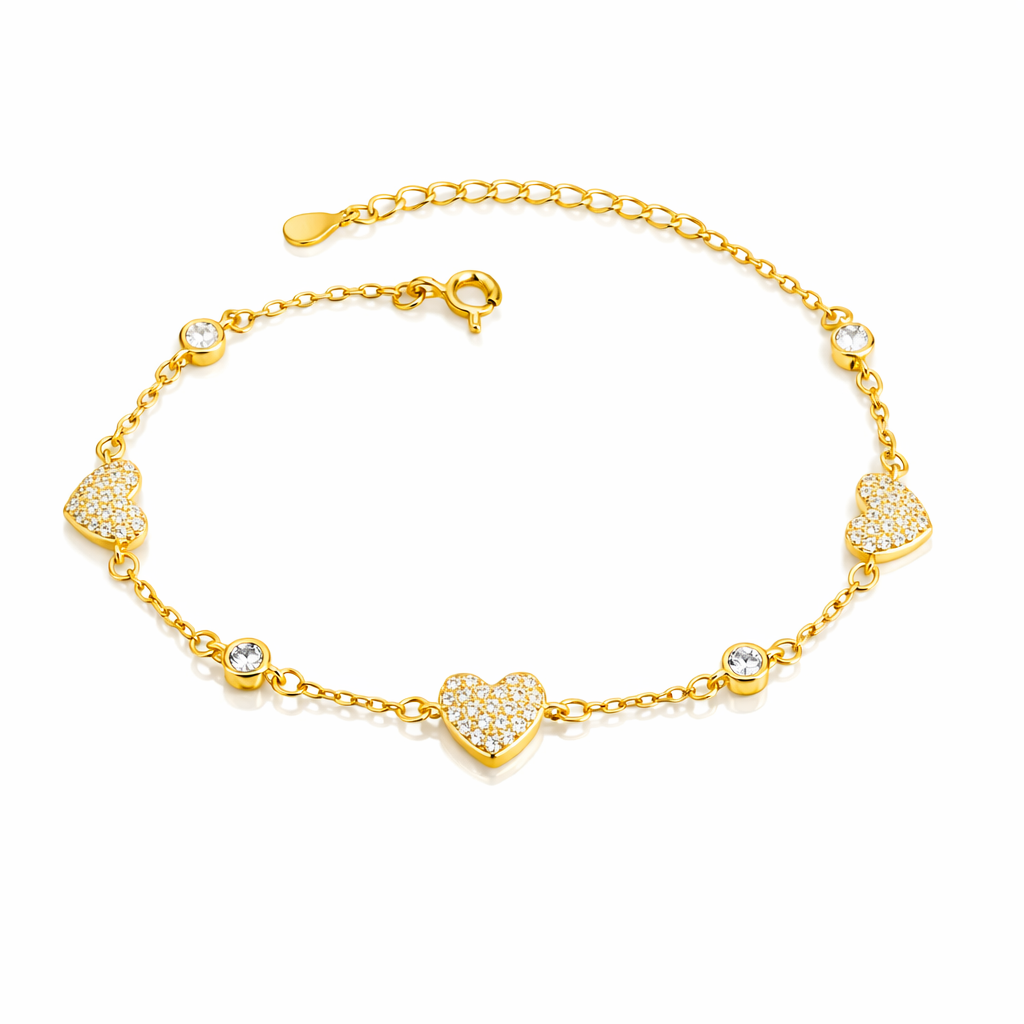 Brățară Argint 925 Aurit cu Inimioare Zirconia – Reglabilă 16+3 cm, Model Elegant Romantic. BD394