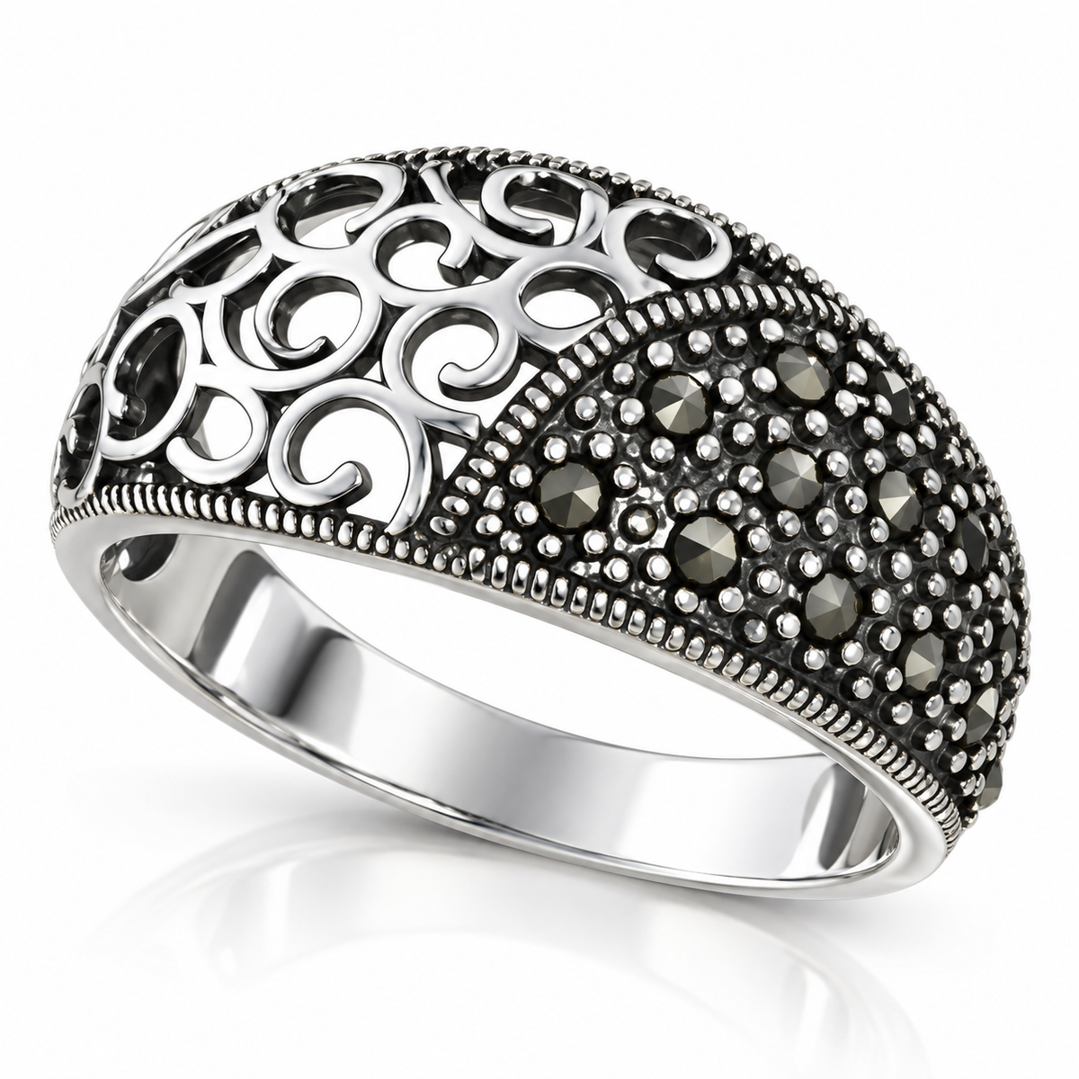 Inel „Éloïse” din argint 925 cu marcasite și arabescuri ajurate – 10 mm. ID578