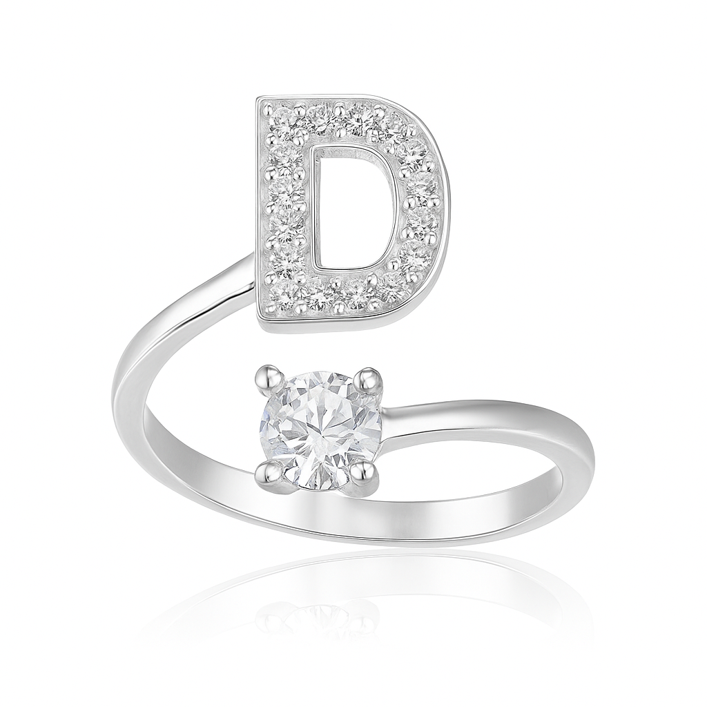 Inel reglabil din argint cu inițială – bijuterie elegantă personalizată din argint 925, mărime universală, cutie cadou inclusă. ID10