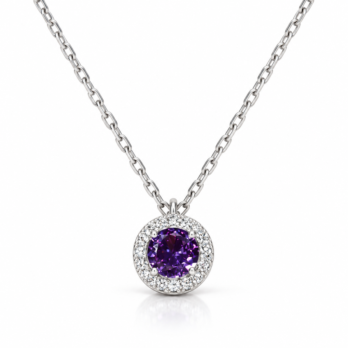 Colier din argint 925 „Aura Violet” cu piatră mov și pandantiv rotund delicat. C261
