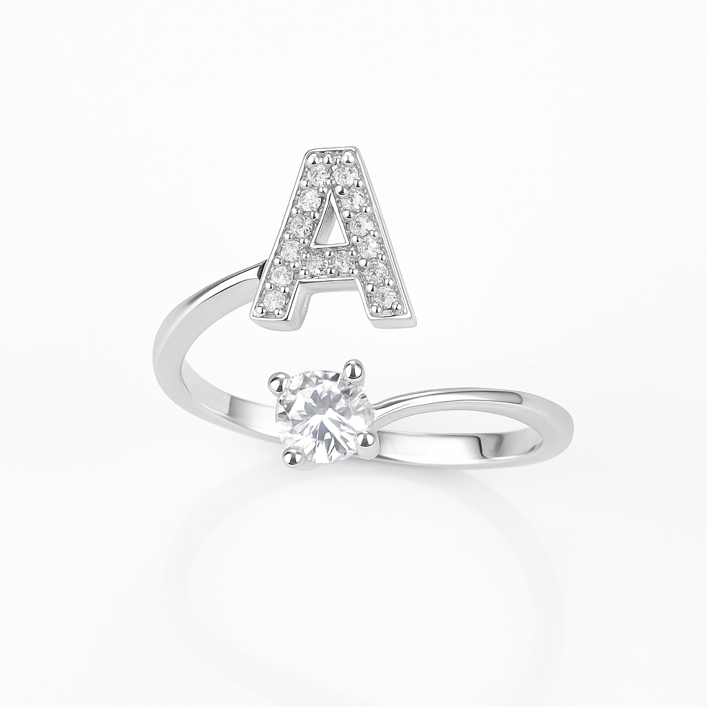 Inel reglabil din argint cu inițială – bijuterie elegantă personalizată din argint 925, mărime universală, cutie cadou inclusă. ID10