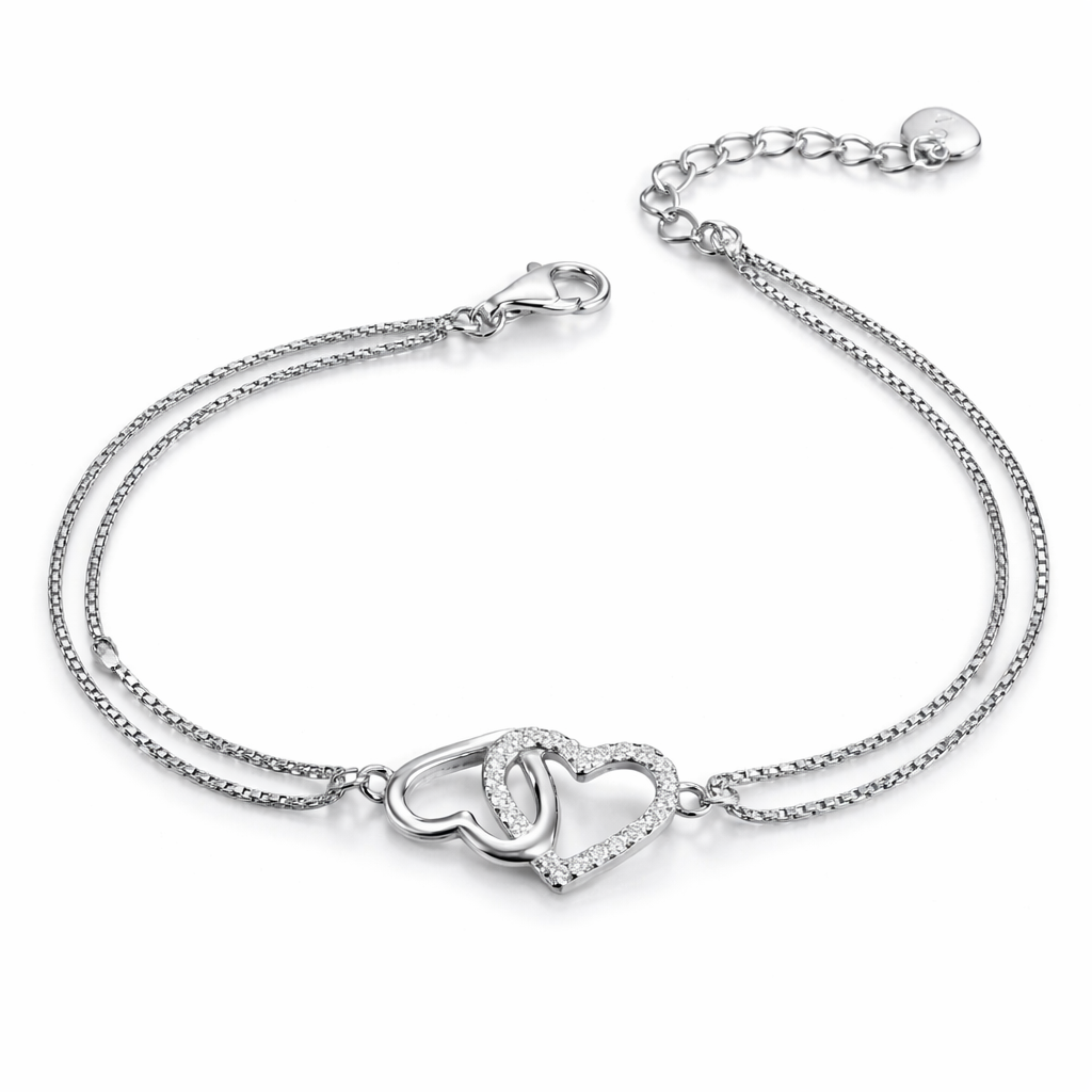 Brățară din Argint 925 Rodiat cu Inimioare Împletite, Lanț Dublu, Lungime Ajustabilă 17+3 cm. BD392