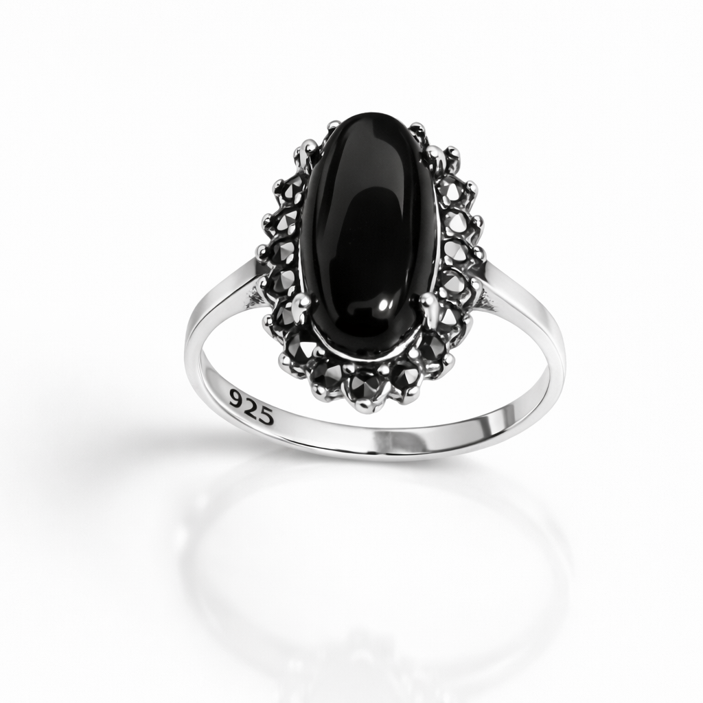 Inel din Argint 925 cu Onyx Negru 14×7 mm și Marcasite – Bijuterie Elegantă Vintage. ID508