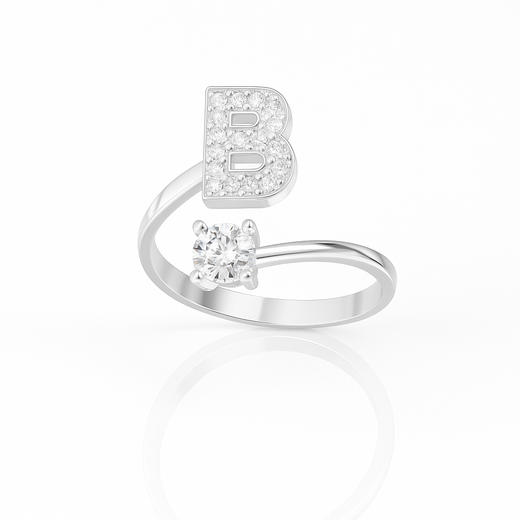 Inel reglabil din argint cu inițială – bijuterie elegantă personalizată din argint 925, mărime universală, cutie cadou inclusă. ID10