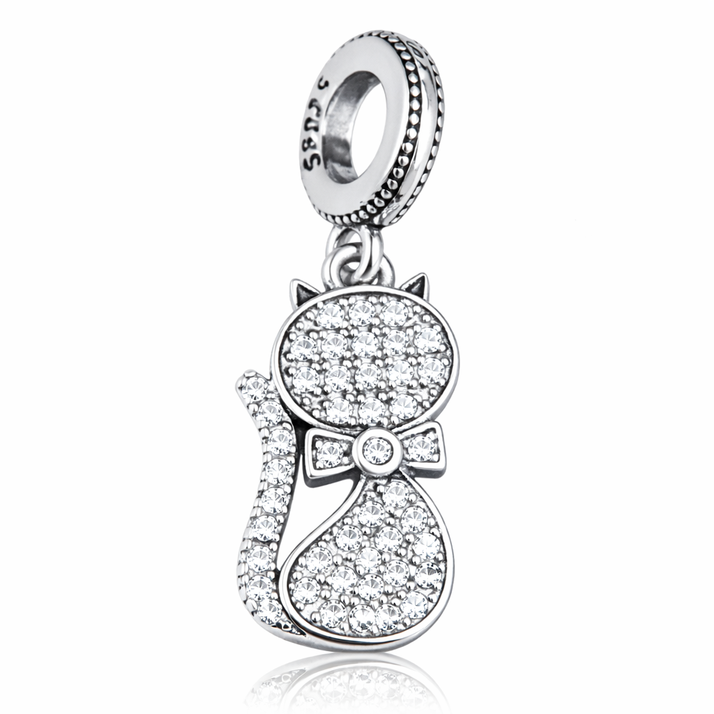 Charm Pisică Argint 925 cu Zirconii Albe Strălucitoare – Pandantiv Elegant 3.6 cm pentru Brățări Tip Pandora