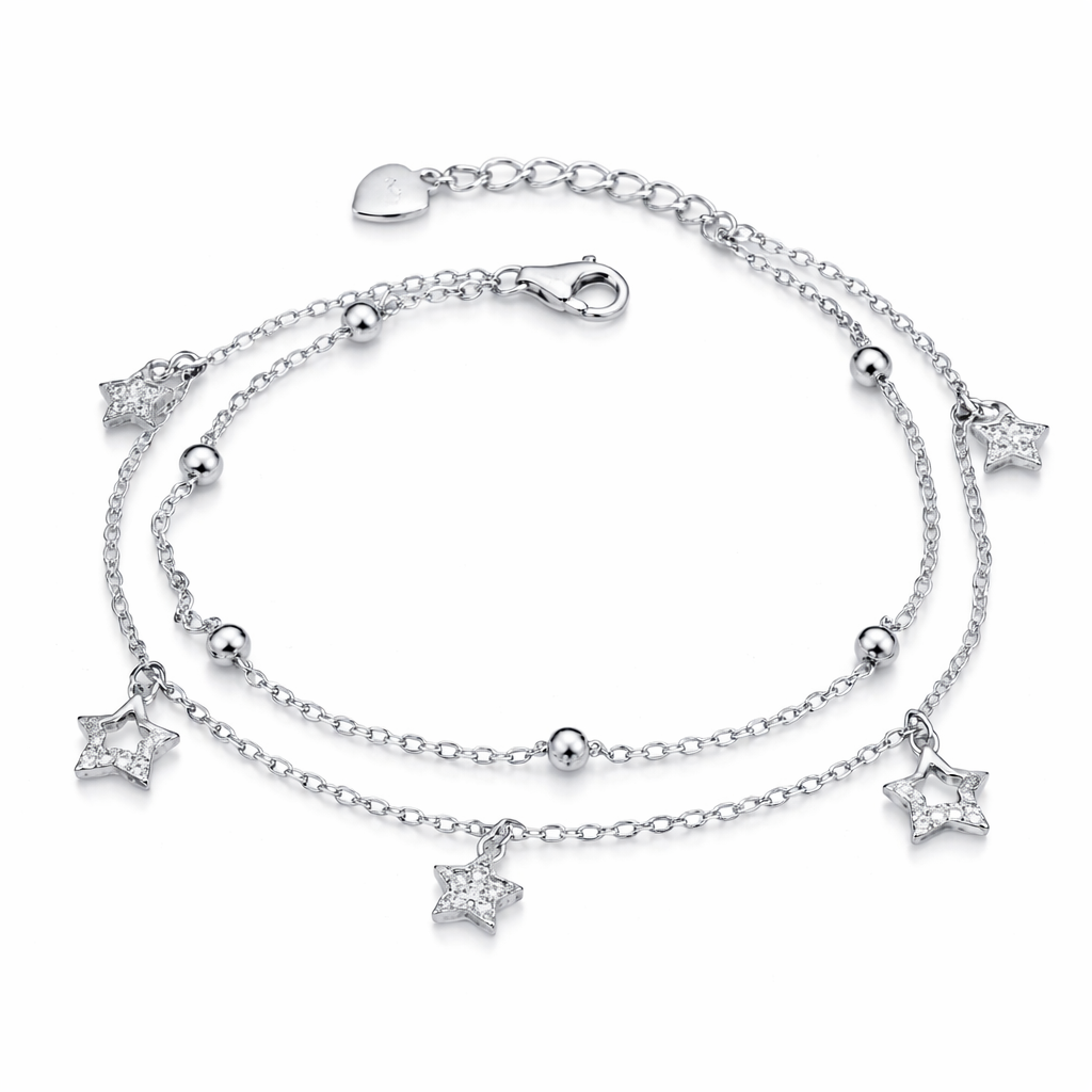 Brățară Argint 925 Rodiat cu Stele și Biluțe – 2 Fire, Lungime Ajustabilă 17+3 cm, Design Delicat și Strălucitor. BD415
