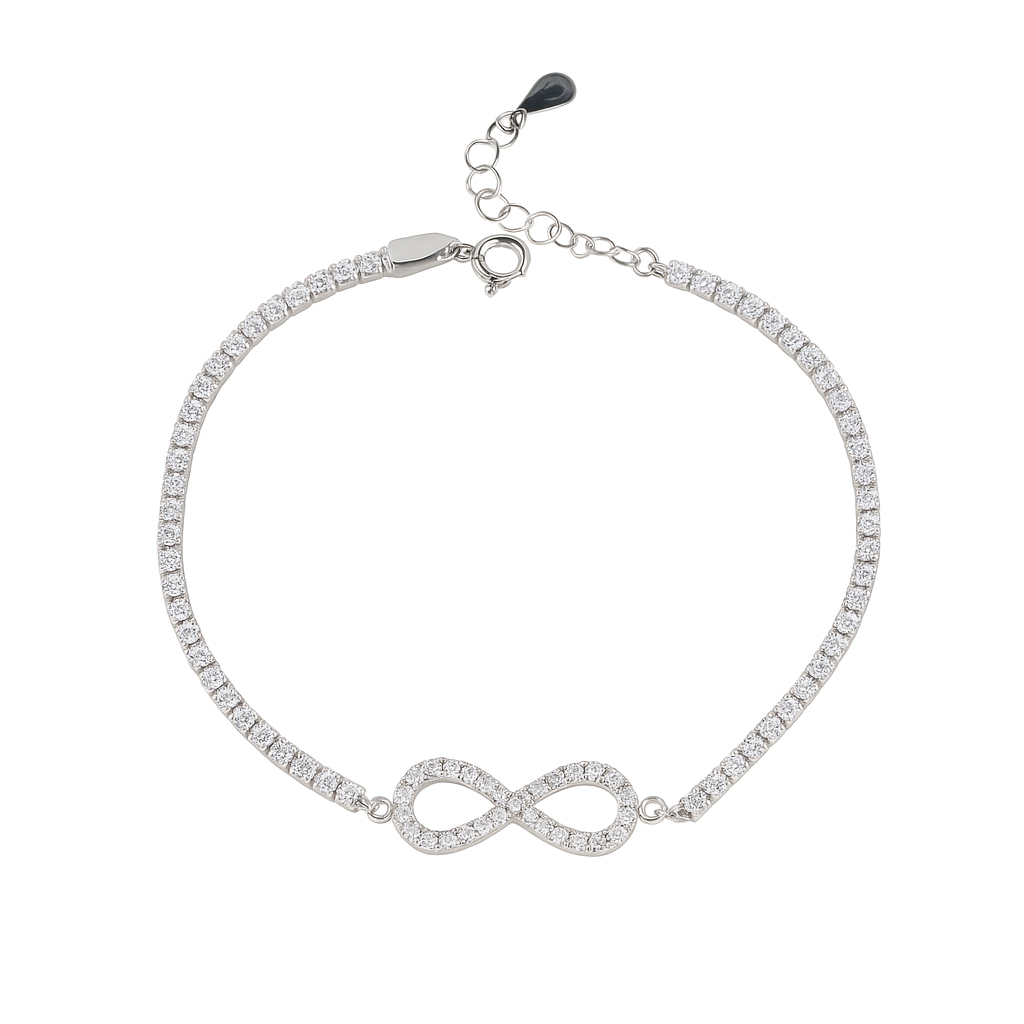 Brățară tenis elegantă din argint 925 rodiat, decorată cu zirconii strălucitoare și simbol infinit central, cu lungime ajustabilă 16+3 cm. Bijuterie rafinată pentru femei, livrată în cutie cadou, verificată și marcată de ANPC. Ideală ca accesoriu de zi sau cadou special.