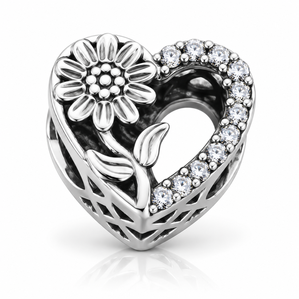 Charm „Inimă de Soare” din argint 925, cu floarea-soarelui și pietre strălucitoare, compatibil Pandora. T243