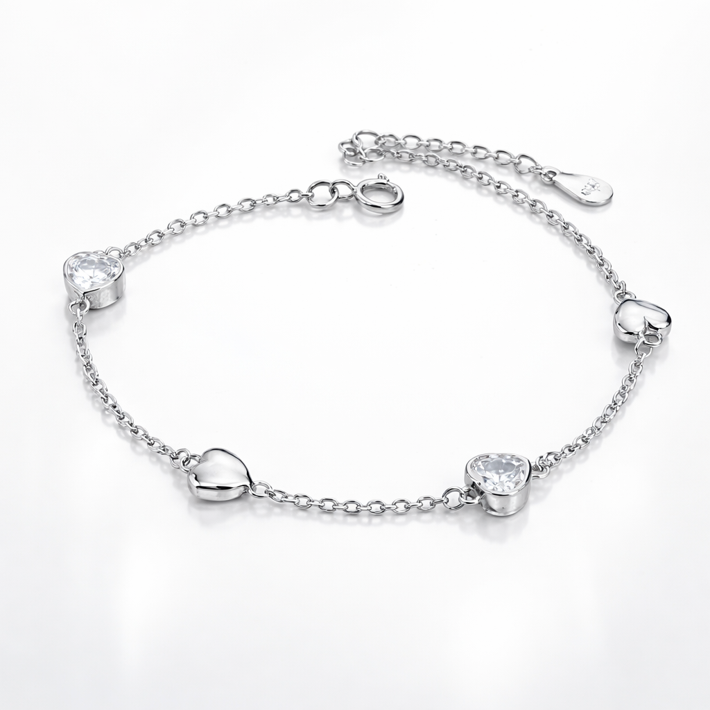 Brățară Argint 925 cu Inimi și Zirconii – Model Delicat Elegant, Reglabilă 16+3 cm, Cadou Premium pentru Ea. BD393