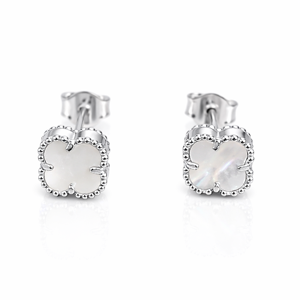 Cercei Argint 925 Rodiat cu Sidef Alb 8 mm – Trifoi Elegant Simbol Noroc | Cadou Premium Femei – InfinityBijoux.ro. CD376