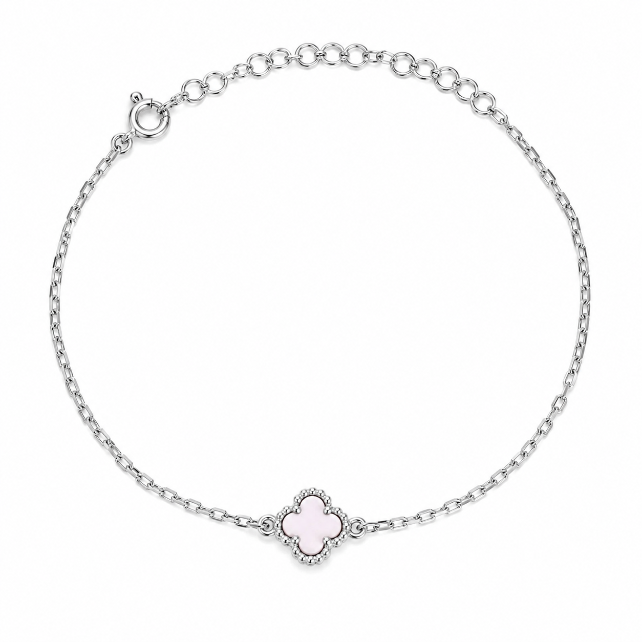 Brățară din Argint 925 Rodiat cu Sidef Roz, Model Trifoi Elegant, Inspirată de Stilul Van Cleef, Ajustabilă 16+5 cm. BD348