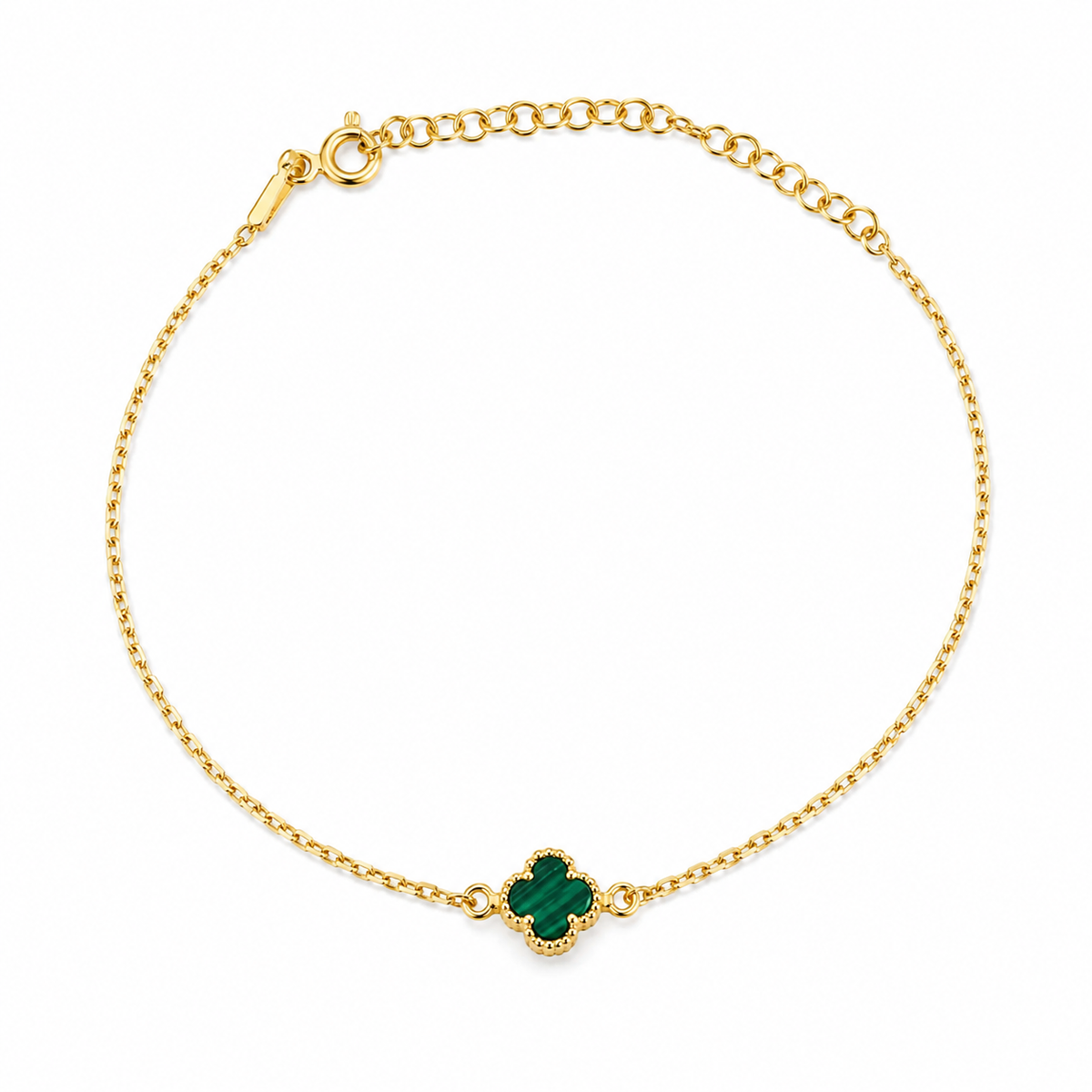 Brățară Clover Green Luxury din Argint 925 Placat cu Aur 14K și Malachit Verde – Model Inspirat Van Cleef, Ajustabilă 18+4 cm. BD303