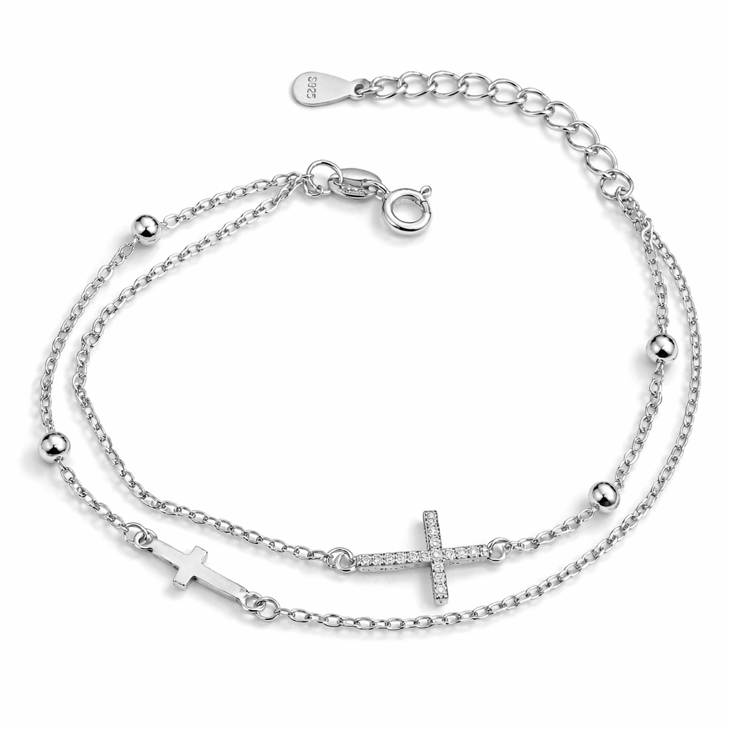 Brățară Dublă Cruce Argint 925 Rodiat – Design Elegant 2 Fire cu Zirconii, Reglabilă 17+3 cm. BD267