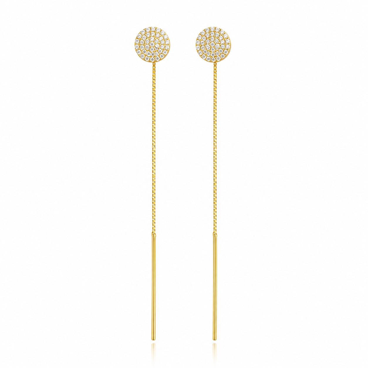 Cercei Threader din Argint 925 Placat cu Aur 14K cu Bănuț Rotund cu Zirconii – 10 mm, Lănțișor Lung 7.5 cm, Eleganță Minimalistă. CD583