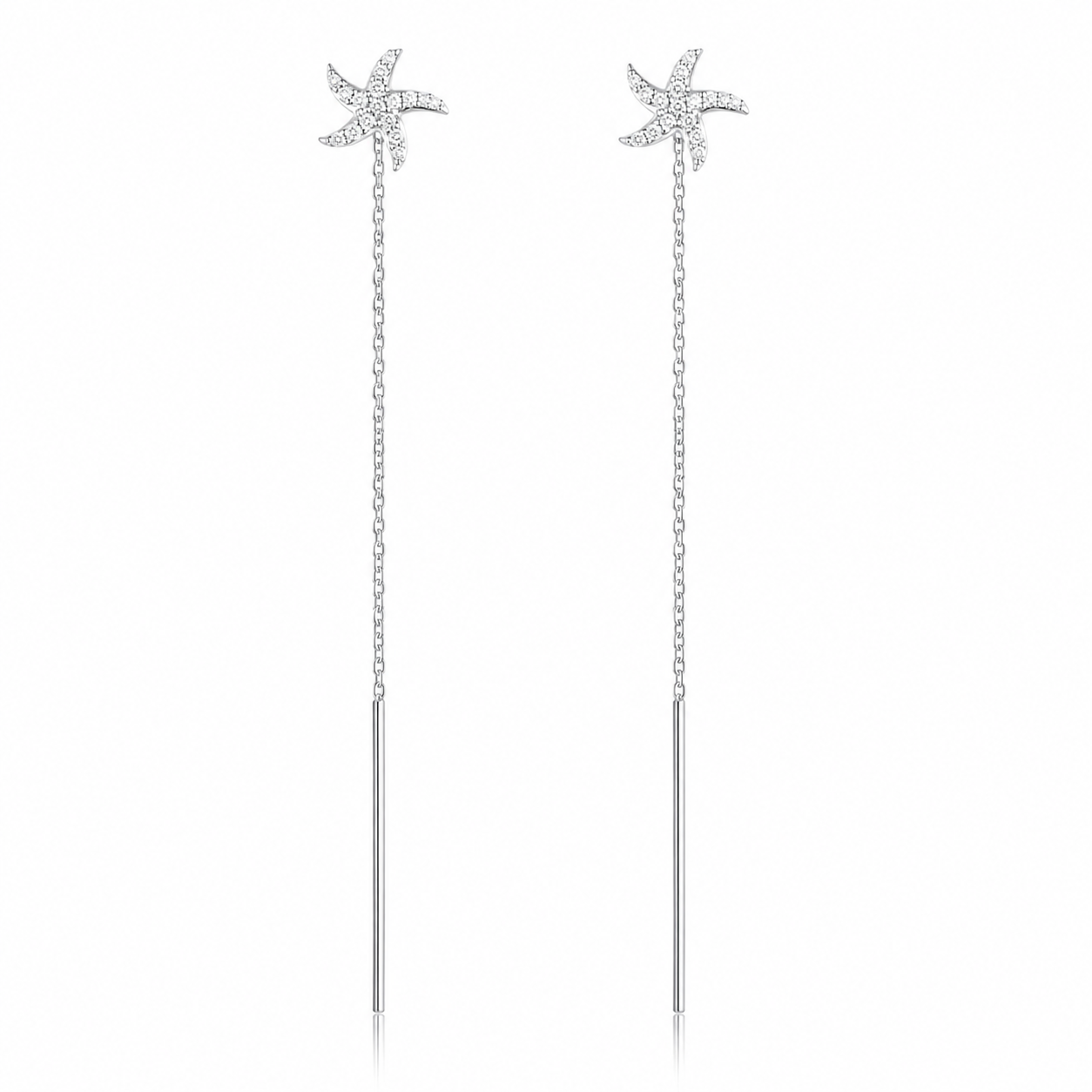 Cercei din Argint 925 Rodiat „Marina Stellare” – Cercei Lungi cu Steluță de Mare și Zirconii, 7 cm. CD618