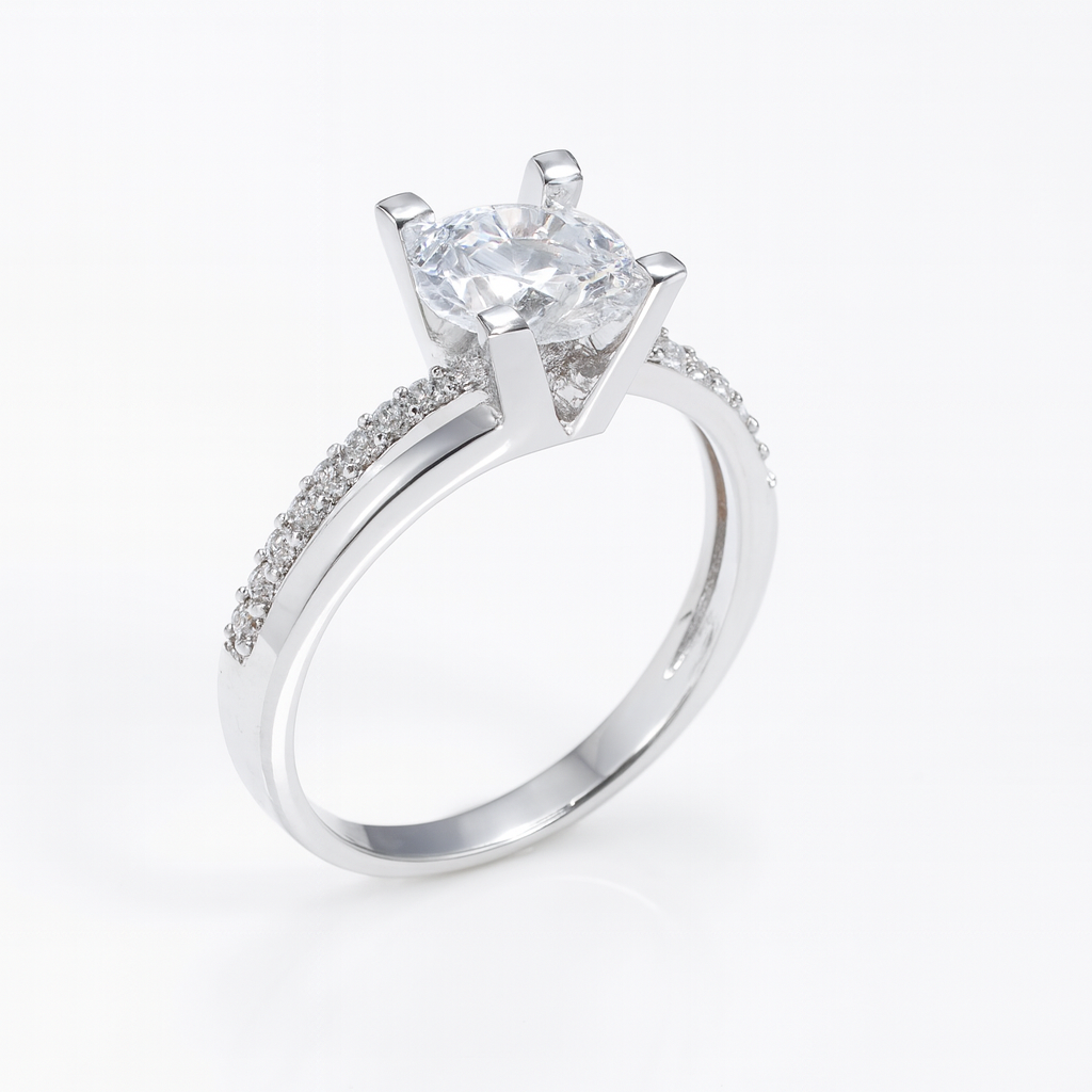 ChatGPT a spus:

inel de logodnă din argint 925 cu piatră centrală strălucitoare, design elegant și detalii fine pe bandă, bijuterie de aproximativ 2.7 grame, simbol al iubirii și promisiunii veșnice, fundal alb