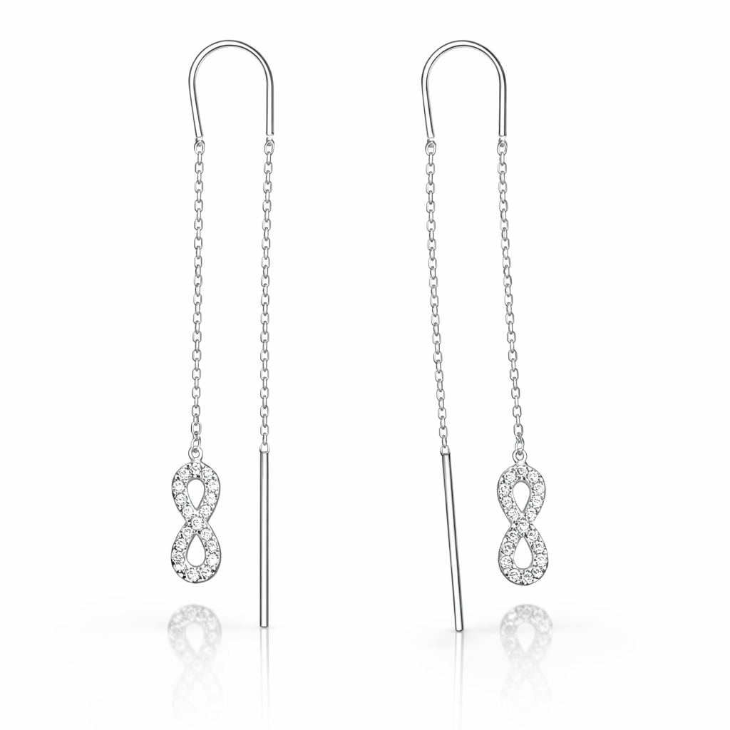 Cercei Lungi Tip Threader din Argint 925 cu Simbol Infinit și Zirconii – Eleganță Minimalistă Premium, 7.5 cm, Infinity Earrings Romania. CD567