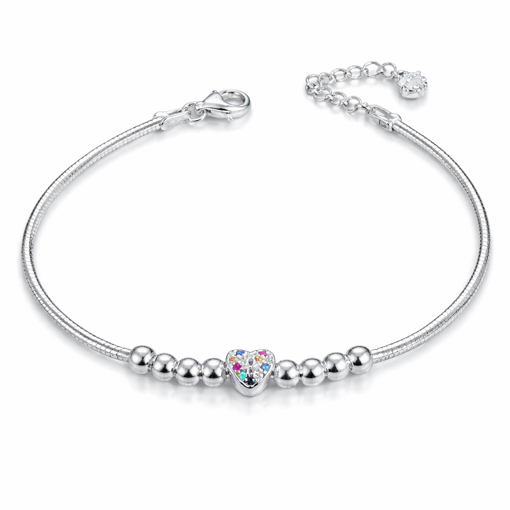 Brățară din Argint 925 cu Charm Inimioară Multicolor, Biluțe 4 mm, Lungime Ajustabilă 18+4 cm. BD411