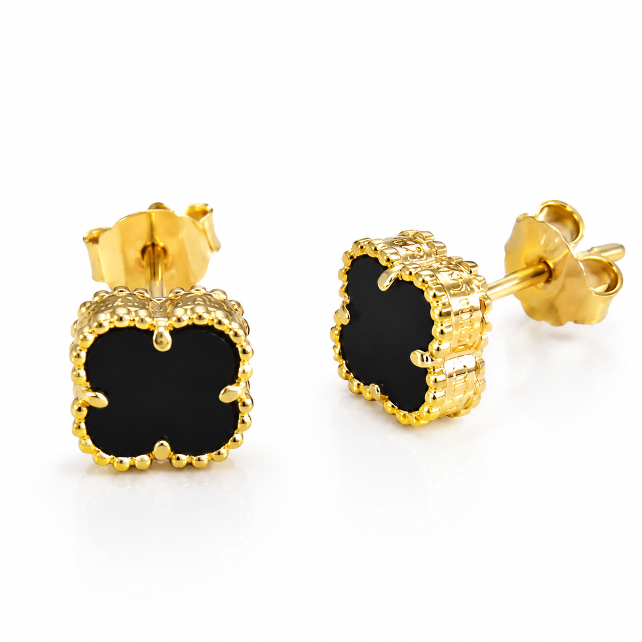 Cercei din Argint 925 Placați cu Aur 14K, Tip Van Cleef, Trifoi Negru – Eleganță Clasică și Noroc în Fiecare Detaliu. CD286