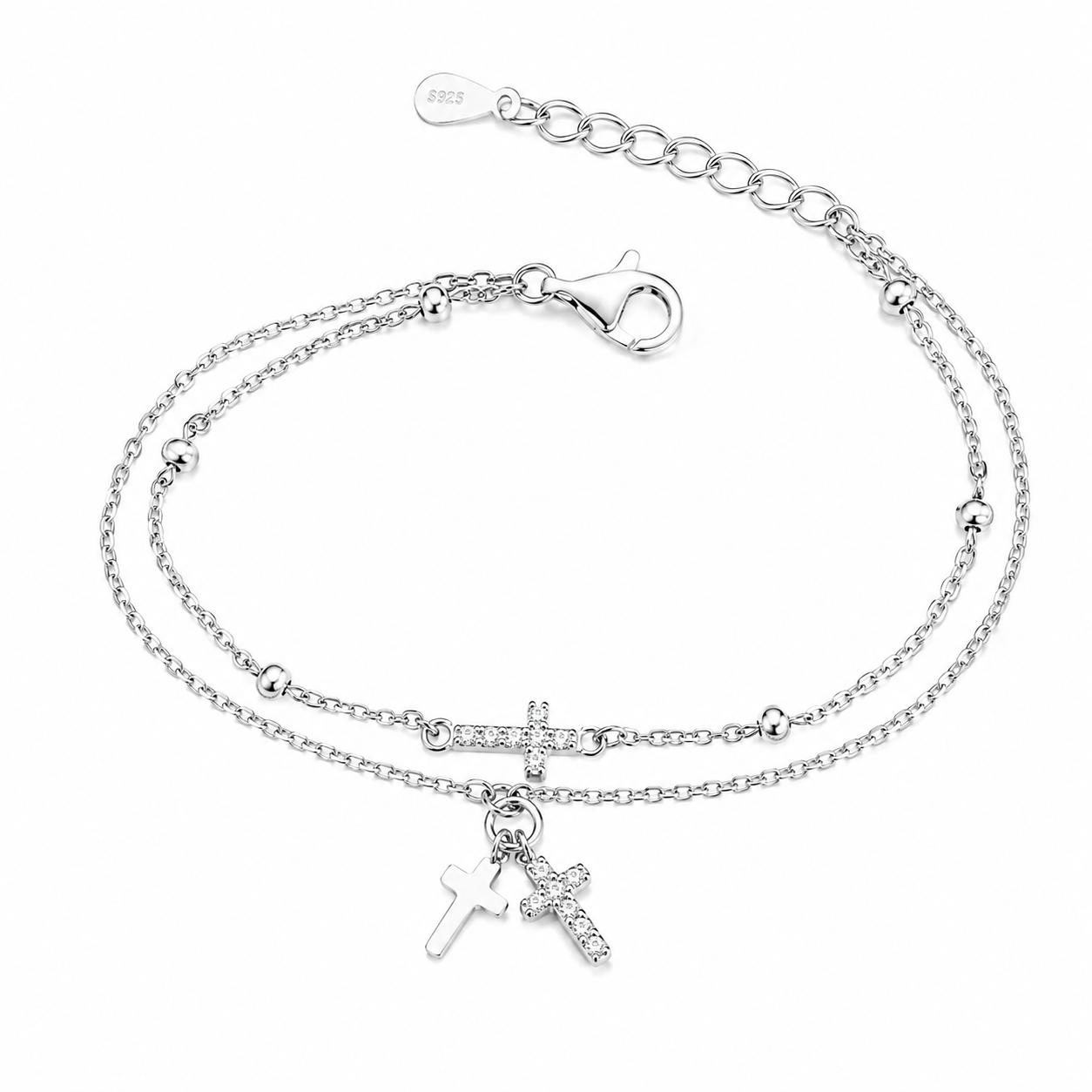 Brățară Dublă din Argint 925 cu Cruciuțe și Zirconii – Brățară Elegantă Reglabilă pentru Femei, 17+3 cm. BD431
