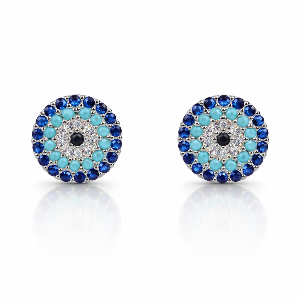 Cercei Argint 925 „Ochi Protector” cu Zirconii Albastre – 10 mm, Design Elegant, Prindere Șurub. CD213