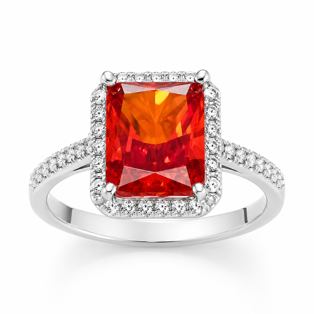Inel din Argint 925 „Flacăra Regală” cu Zirconiu Roșu Rectangular 10x8 mm și Halo cu Zirconii – Eleganță Distinsă. ID537