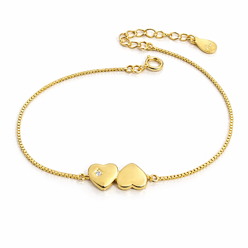 Brățară Argint 925 Placată cu Aur 14K cu Inimi Duble și Cristal – Reglabilă 16+3 cm, Design Elegant și Delicat. BD343