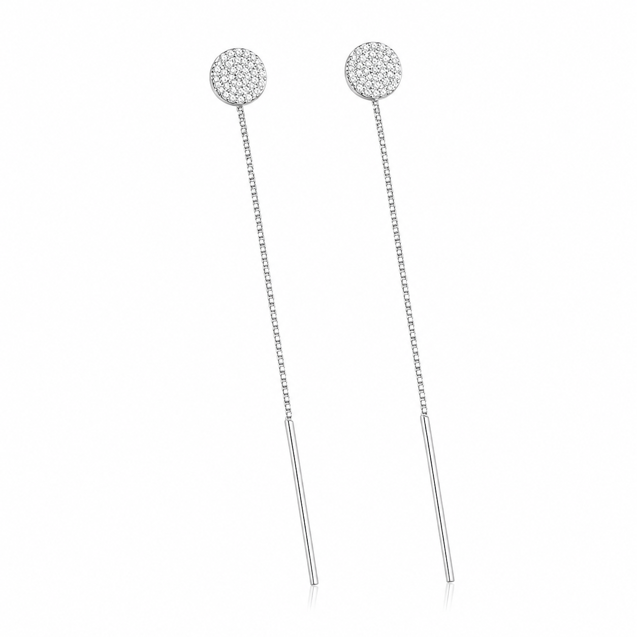 Cercei cu Lanț din Argint 925 și Bănuț Pavé 9 mm – Lungime 8 cm, Eleganță Minimalistă pentru Femei. CD296