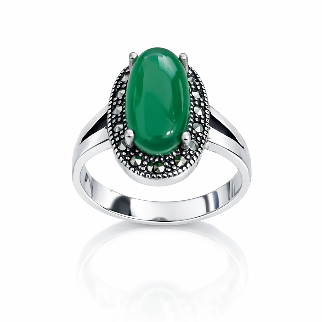 Inel din Argint 925 cu Onyx Verde Oval și Marcasite – Design Elegant Vintage, 4.4 g. ID513