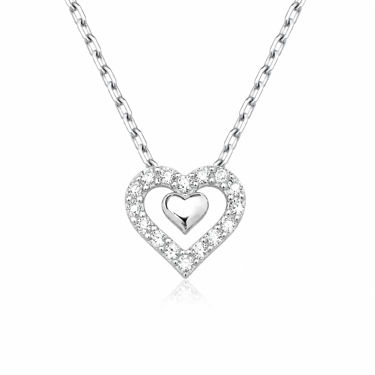 Colier din Argint 925 cu Pandantiv Inimă Dublă cu Zirconii – Elegant și Delicat, Lungime Ajustabilă 41+5 cm | Cadou Romantic pentru Femei. C228