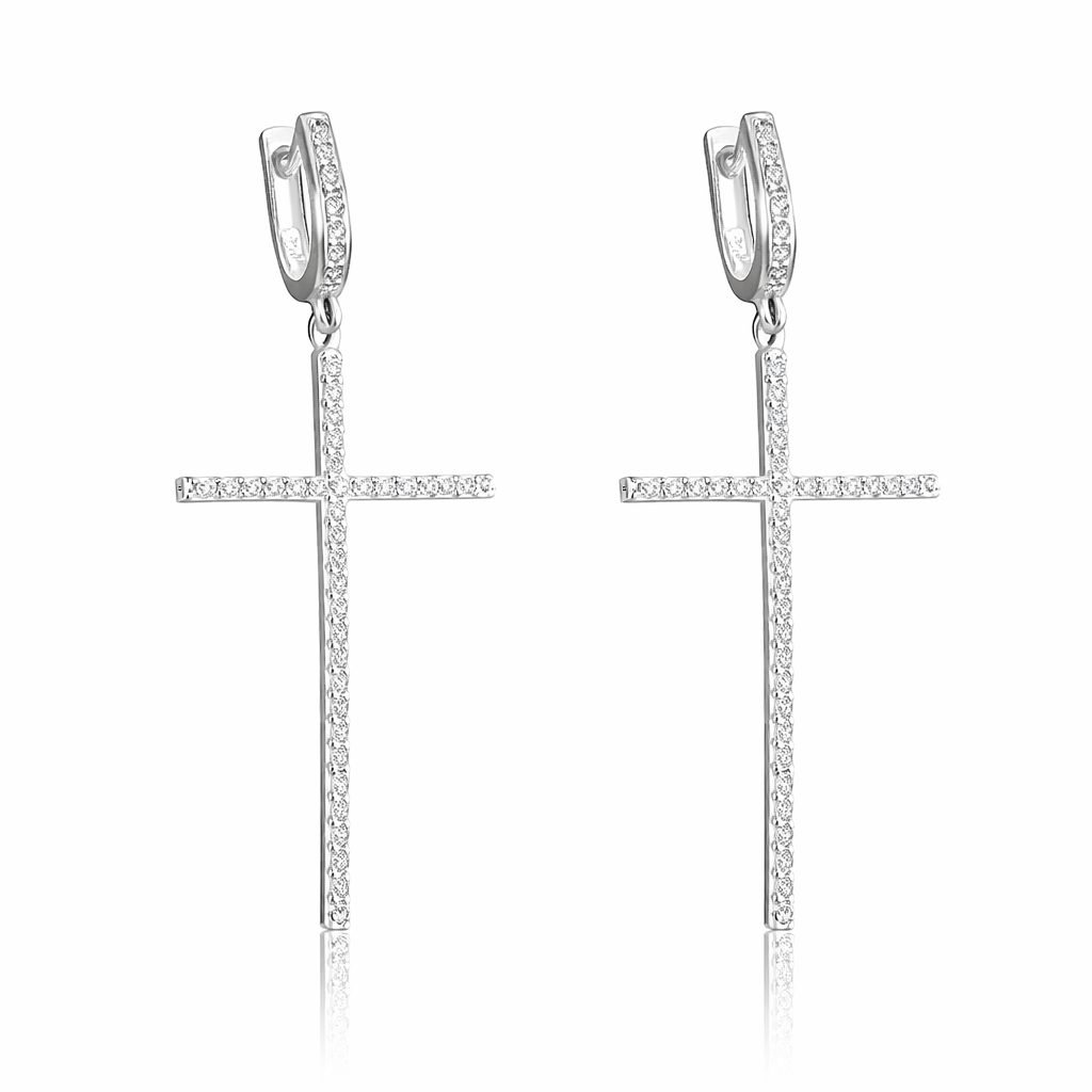 Cercei Lungi Cruce din Argint 925 cu Zirconii – 5.5 cm | Eleganță Divină și Strălucire Premium. CD571