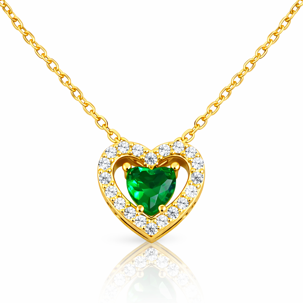 Colier Argint 925 Placat cu Aur 14K cu Pandantiv Inimă Verde 9 mm și Zirconii – Lănțișor Fin Reglabil 40+5 cm. C196