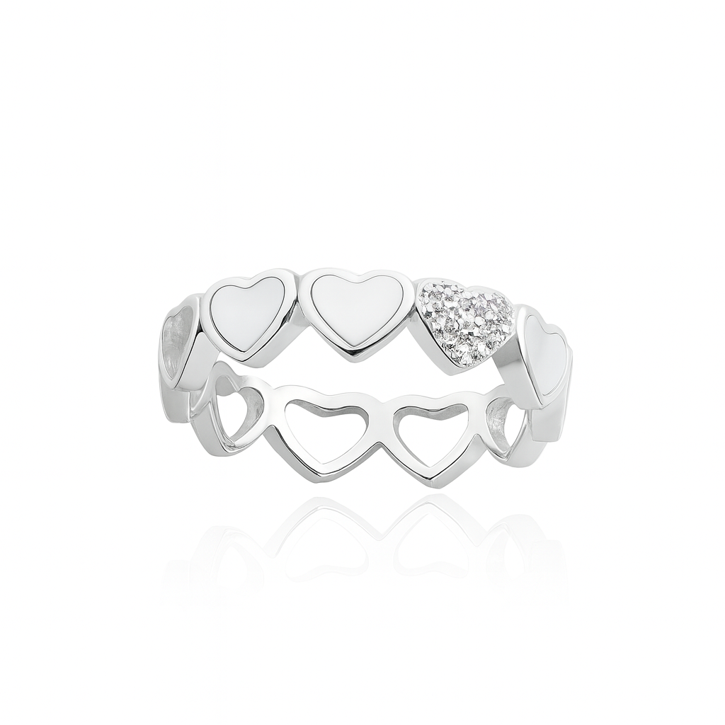 Inel din argint 925 cu inimioare și sidef natural, simbol al iubirii pure și al feminității. Bijuterie elegantă de aproximativ 2.02 grame, livrată în cutie cadou, verificată și marcată de ANPC, cu factură și certificat de conformitate.