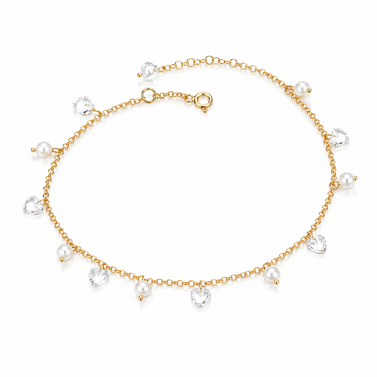 Bratara de glezna argint 925 placata cu aur 14k cu perle si cristale