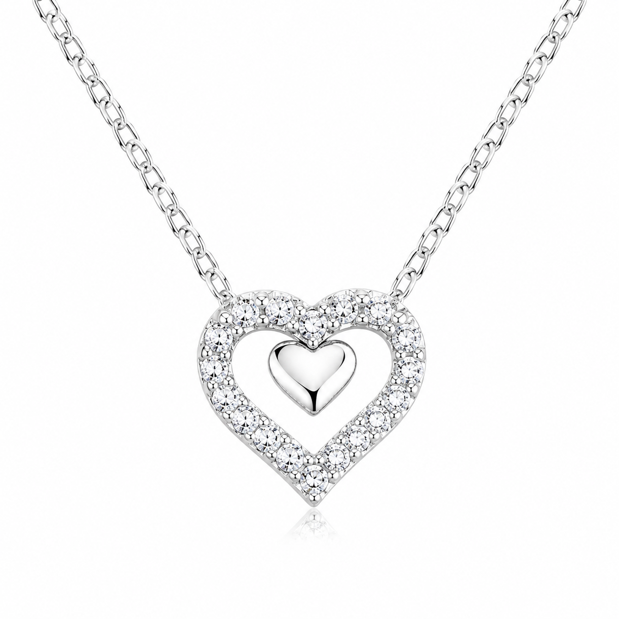 Colier din Argint 925 cu Pandantiv Inimă Dublă și Zirconii – Elegant, Delicat, Reglabil 40+5 cm. C238