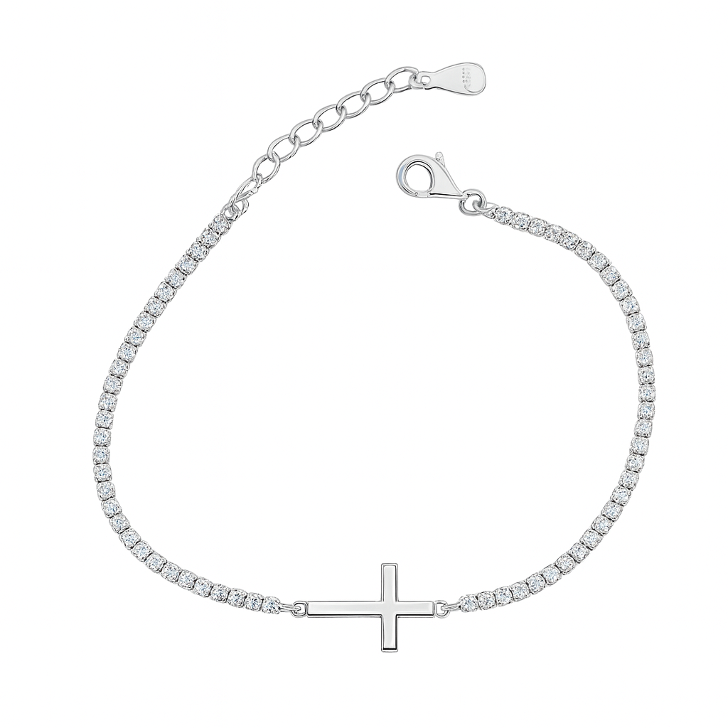 Brățară tenis din argint 925 cu cruce, bijuterie elegantă pentru femei, lungime ajustabilă 16+3 cm, greutate 3.20 grame, pietre strălucitoare zirconiu, ambalaj cadou de lux, verificată și marcată ANPC.