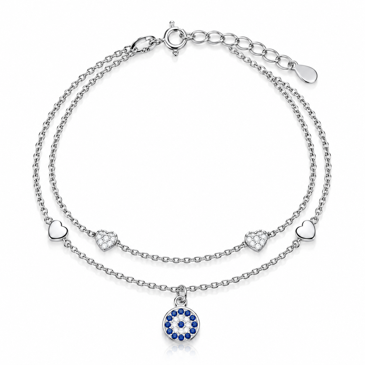 Brățară din argint 925 rodiat „Legături de Lumină”, cu fir dublu, inimioare și pandantiv ochi protector. BD460