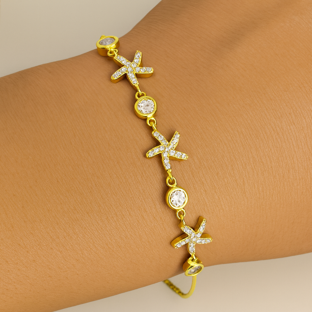 Brățară din Argint 925 Placată cu Aur 14K cu Stele de Mare și Cristale Zirconia