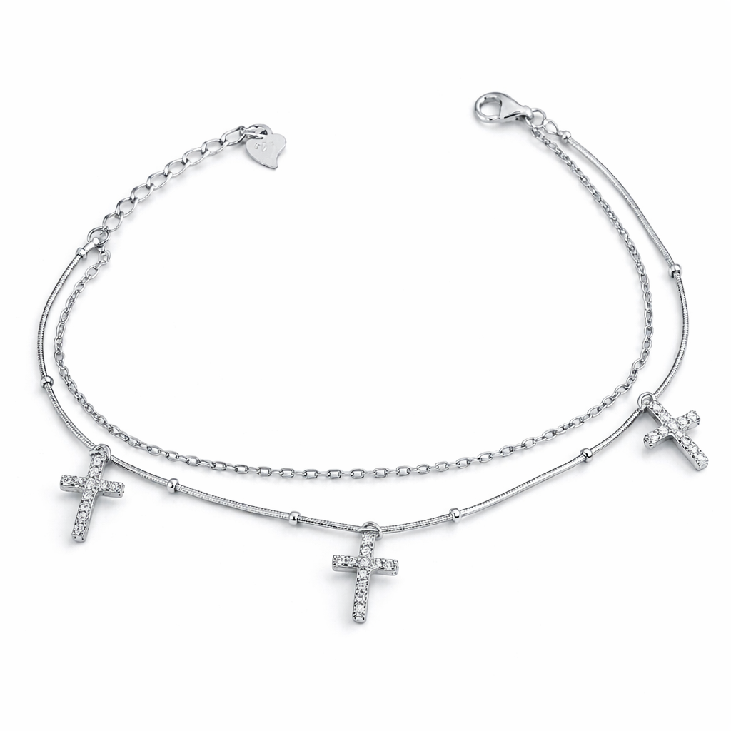 Brățară Dublă Argint 925 Rodiat „Trinity Shine” cu 3 Cruciulițe cu Zirconii – Elegantă și Reglabilă. BD213