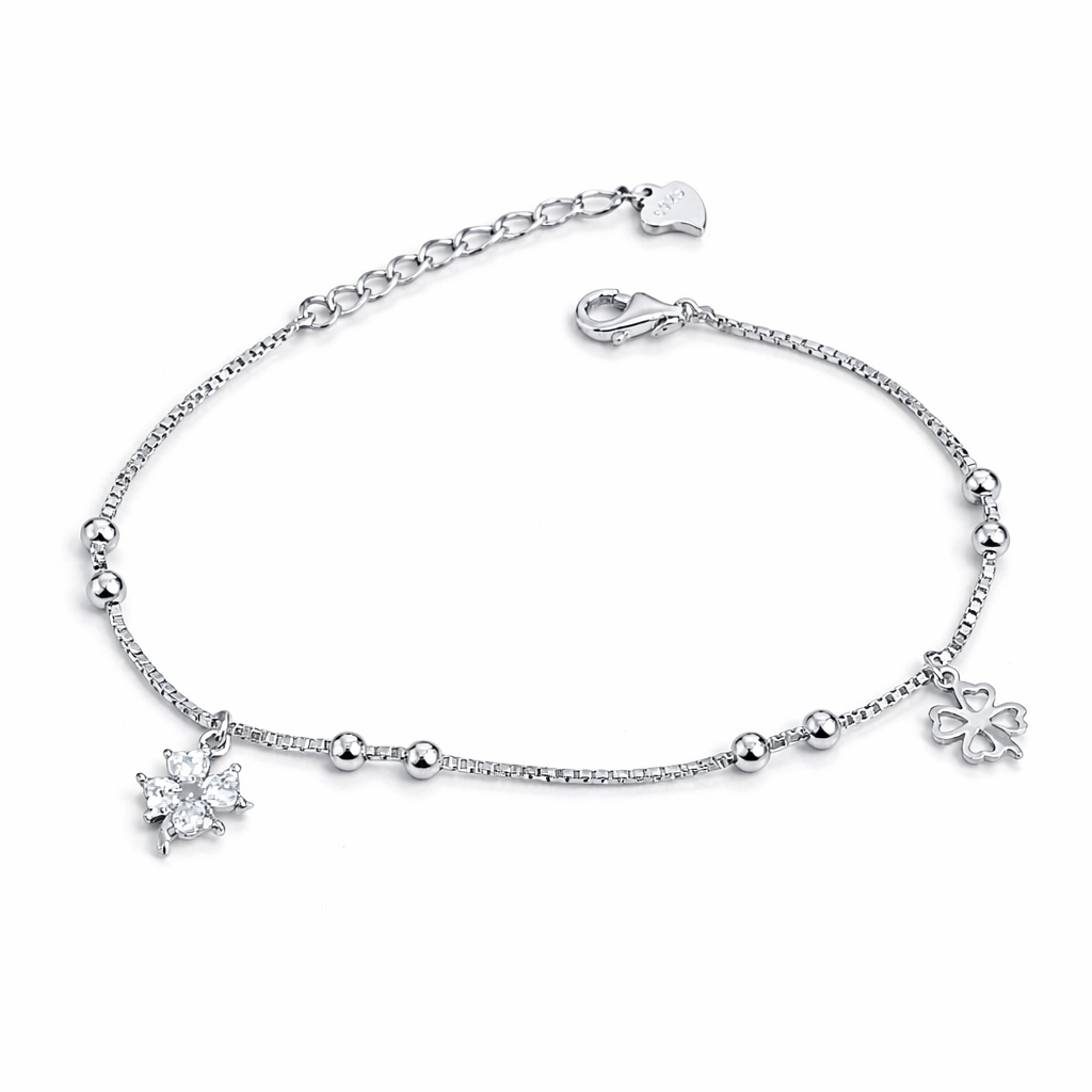 Brățară Argint 925 Rodiat „Lucky Blossom” – Trifoi & Floare cu Zirconii, Ajustabilă 17+3 cm. BD390
