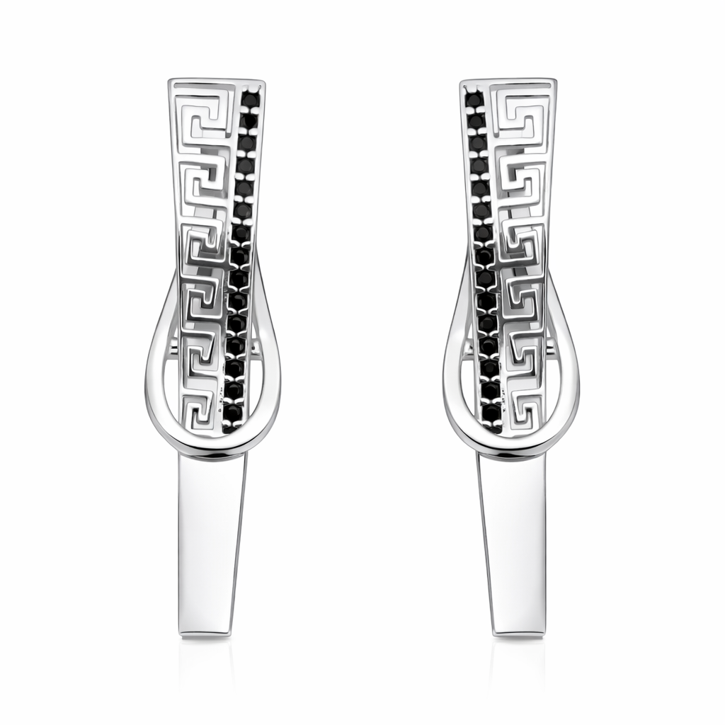 Cercei Argint 925 Rodiat „Helix Noir” – Design Grecesc cu Accente Negre, 3.3 cm. CD561