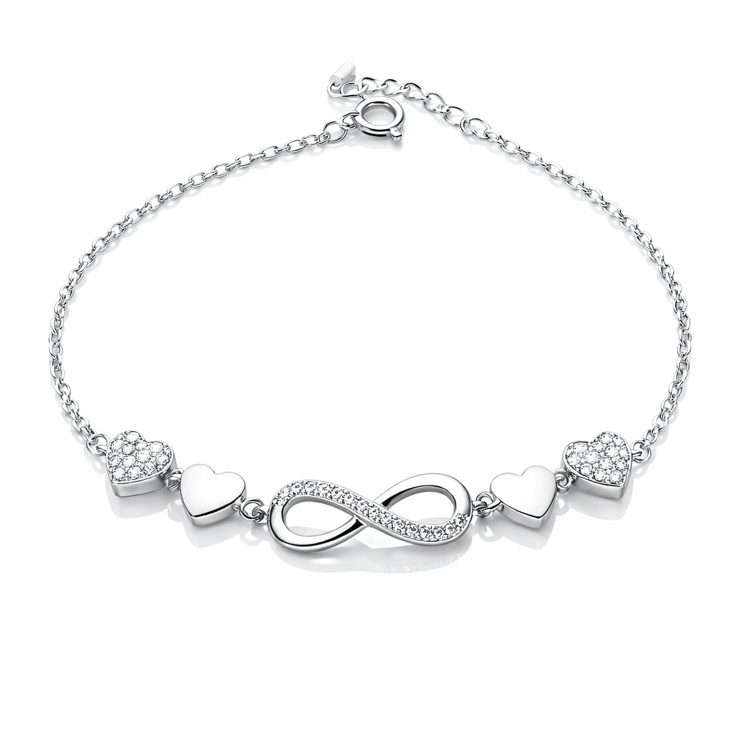 Brățară din Argint 925 Rodiat cu Simbol Infinit și Inimi Pavé, Lungime Ajustabilă 16+3 cm. BD401